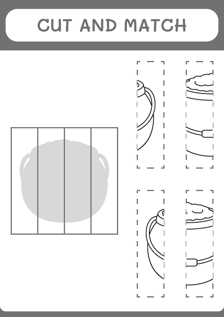 어린이를 위한 가마솥 게임의 일부를 자르고 일치시키십시오. 벡터 일러스트레이션 인쇄용 워크시트