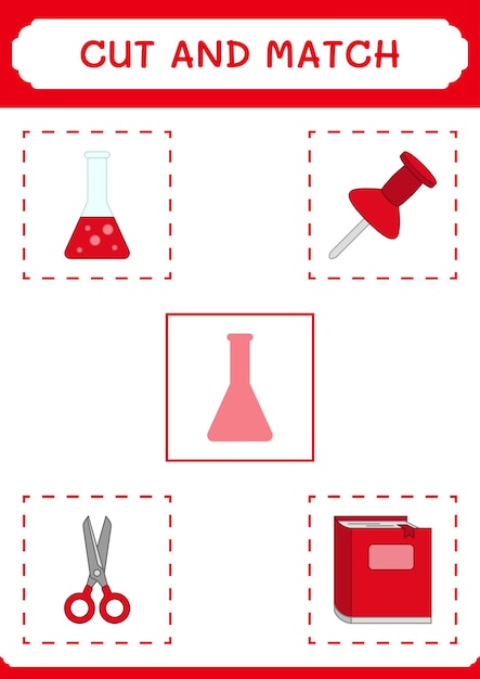 Taglia e abbina parti del gioco di boccette chimiche per bambini foglio di lavoro stampabile con illustrazione vettoriale