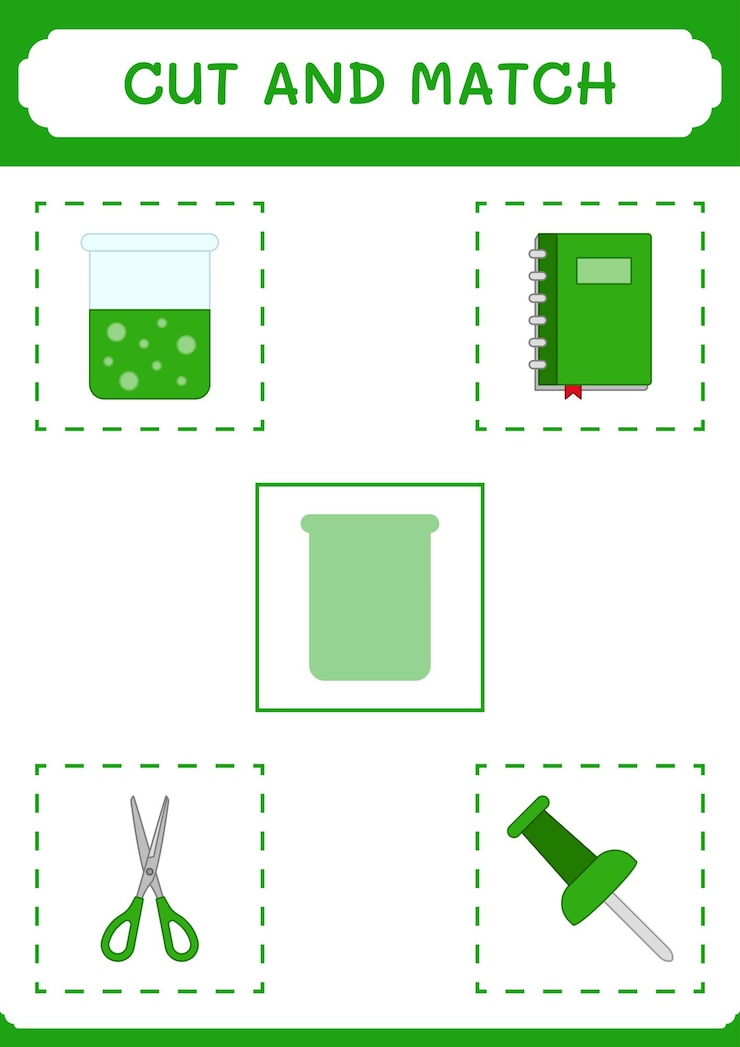 Vector cut and match parts of chemistry flask game for children vector illustration printable worksheet