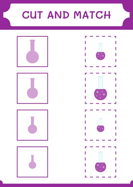 Taglia e abbina parti del gioco di boccette chimiche per bambini foglio di lavoro stampabile con illustrazione vettoriale