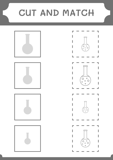 Вырежьте и сопоставьте части игры «Химическая колба» для детей. Векторная иллюстрация для печати.