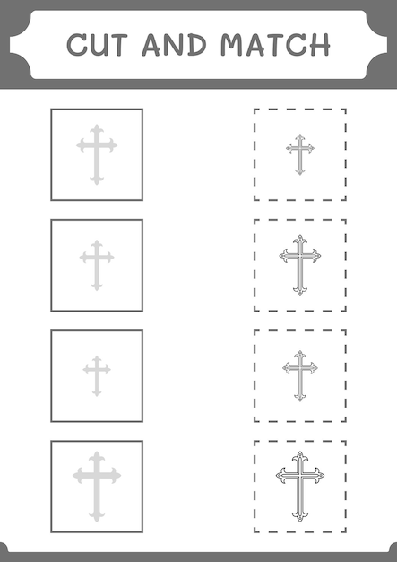 Taglia e abbina parti del gioco christian cross per bambini foglio di lavoro stampabile con illustrazione vettoriale