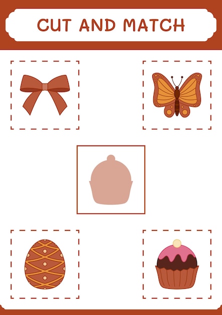 Cut and match parts of Cupcake game for children Vector illustration printable worksheet