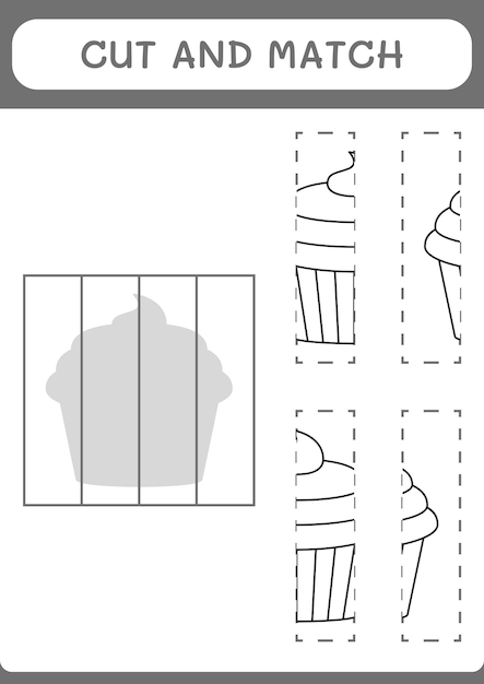 Cut and match parts of Cupcake game for children Vector illustration printable worksheet