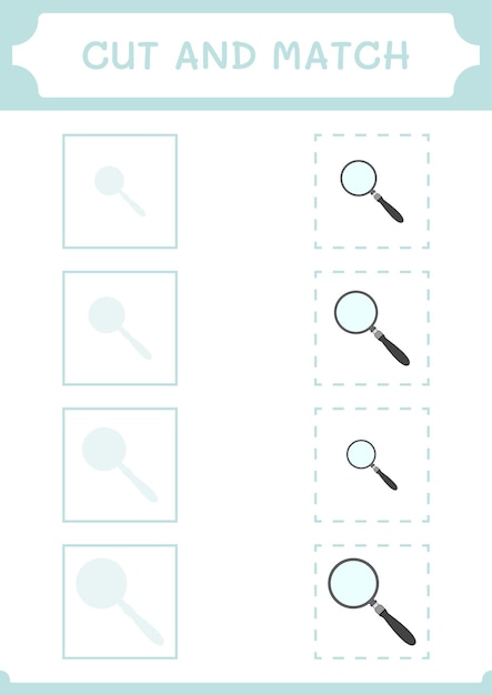 子供のための虫眼鏡ゲームの一部をカットして一致させるベクトルイラスト印刷可能なワークシート