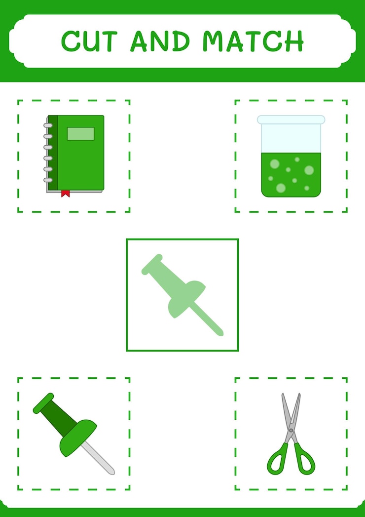 Vector cut and match parts of push pin game for children vector illustration printable worksheet
