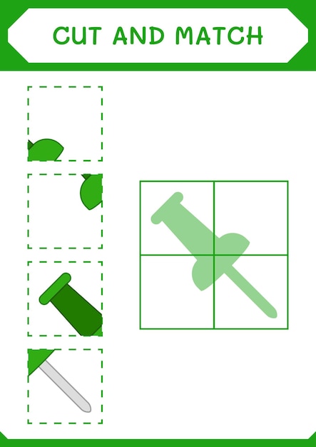 子供のためのプッシュピンゲームのパーツをカットして一致させるベクトルイラスト印刷可能なワークシート