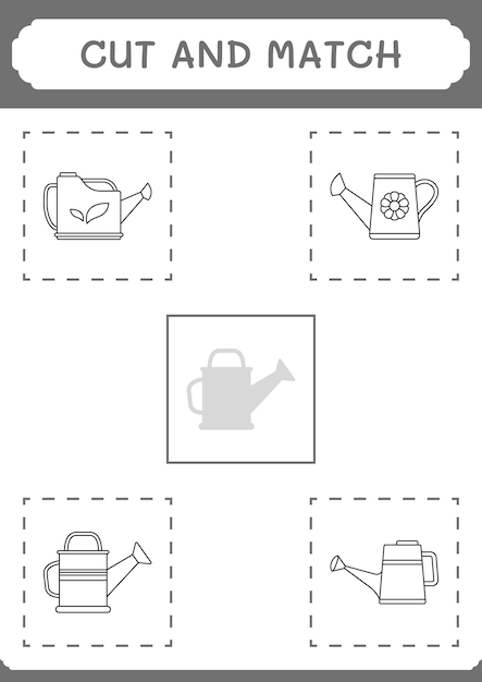 Cut and match parts of Watering can game for children Vector illustration printable worksheet