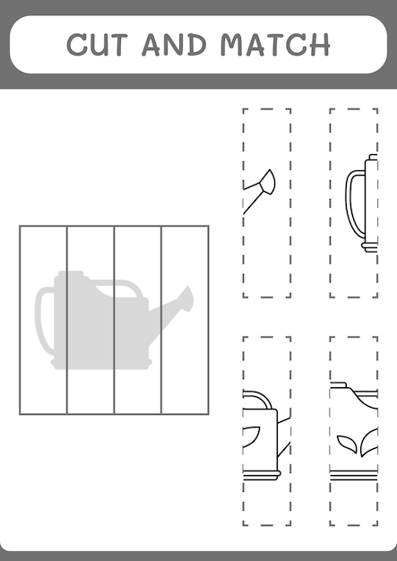 Cut and match parts of Watering can game for children Vector illustration printable worksheet