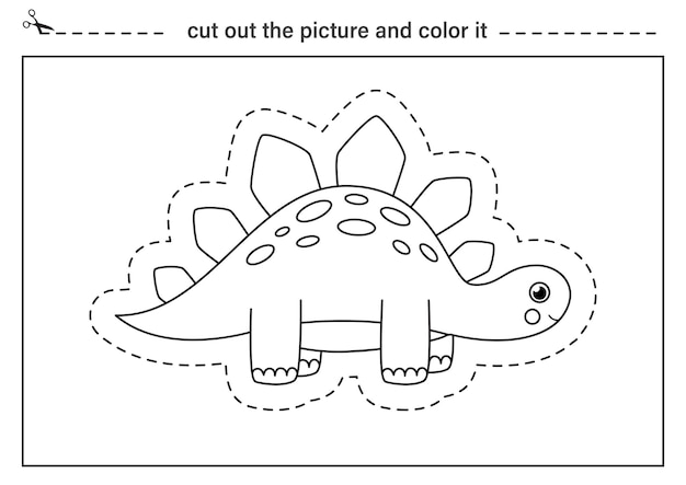 벡터 귀여운 공룡을 오려 색칠해 보세요 어린이용 흑백 워크시트 미취학 아동을 위한 자르기 연습