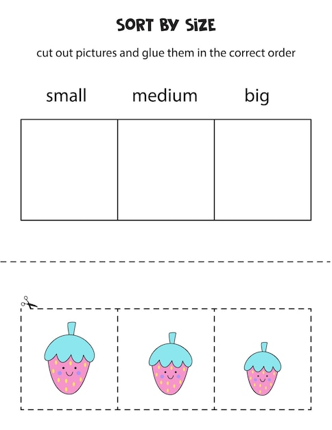 Cut out pictures and sort them by size. Small, medium or big. Educational worksheet.