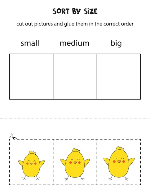 Vector cut out pictures and sort them by size small medium or big educational worksheet