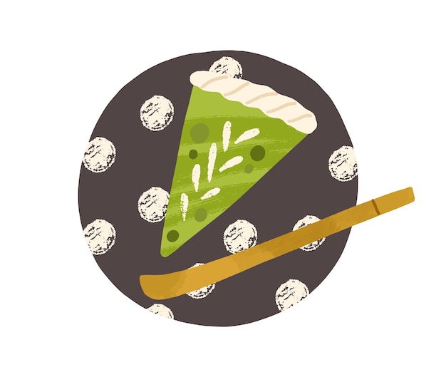 접시에 제공되는 말차 케이크 조각을 잘라냅니다. 일본의 건강 디저트. 비건 아시아 달콤한 음식. 흰색 배경에 고립 된 일본 치즈 케이크의 색된 평면 벡터 일러스트 레이 션.