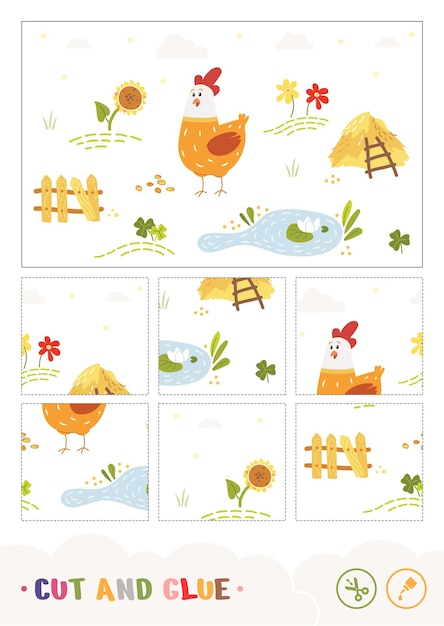 cut the pieces collect and glue puzzle children game with colorful image of a cartoony chick
