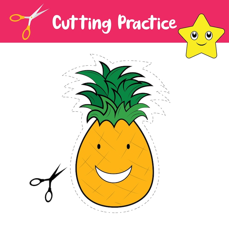 Vector cut the pineapple cutting practice worksheets for kids vector graphics