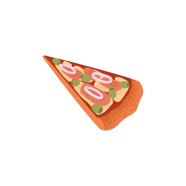 Cut pizza piece Italian food triangle slice with meta sausage olives mozzarella cheese tomato sauce onions Tasty snack from Italy Flat vector illustration isolated on white background