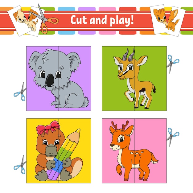 Taglia e gioca schede flash color puzzle foglio di lavoro per lo sviluppo dell'istruzione pagina delle attività gioco per bambini in stile cartone animato carattere divertente illustrazione vettoriale