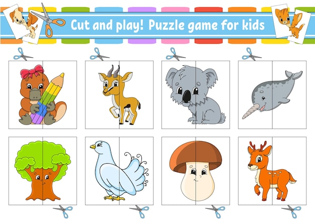 Taglia e gioca schede flash color puzzle foglio di lavoro per lo sviluppo dell'istruzione pagina delle attività gioco per bambini in stile cartone animato carattere divertente illustrazione vettoriale