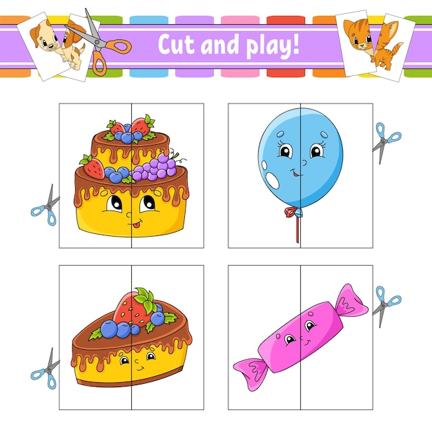 Taglia e gioca schede flash puzzle a colori foglio di lavoro per lo sviluppo dell'istruzione tema di compleanno pagina attività gioco per bambini personaggio divertente illustrazione vettoriale isolata in stile cartone animato