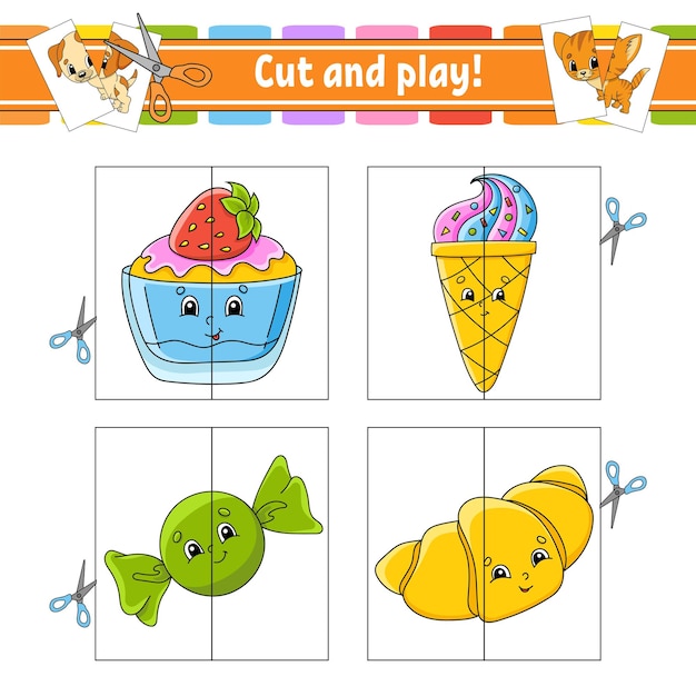 Taglia e gioca schede flash puzzle a colori foglio di lavoro per lo sviluppo dell'istruzione tema di compleanno pagina attività