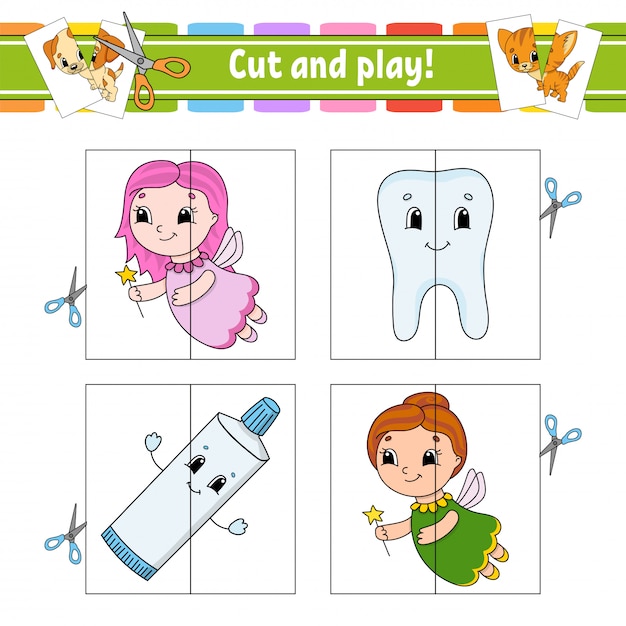 Cut and play. Flash cards. Color puzzle. Tooth, toothpaste, fairy.