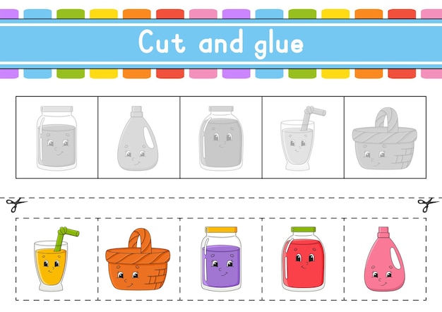 Cut and play Paper game with glue Flash cards Education worksheet Activity page Scissors practice