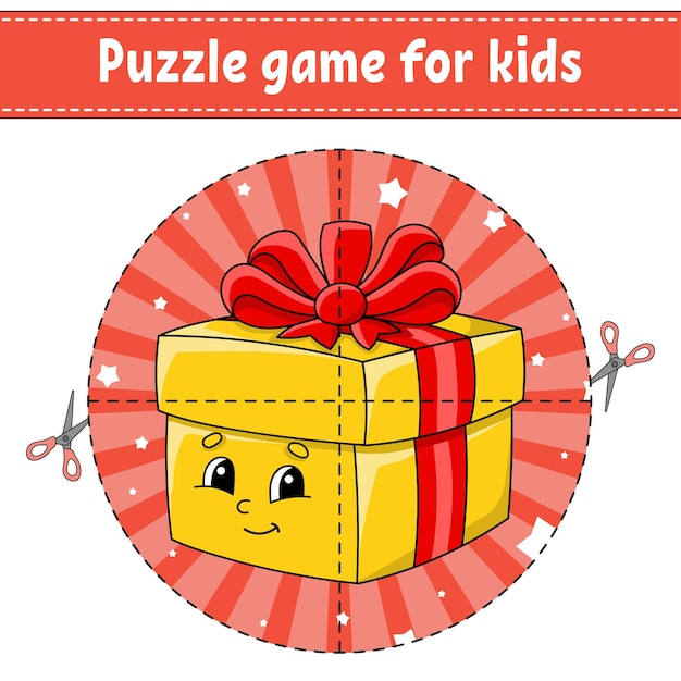 Taglia e gioca. confezione regalo puzzle rotonda. puzzle di logica per bambini. pagina delle attività. pratica di taglio per la scuola materna. personaggio dei cartoni animati. tema natalizio.