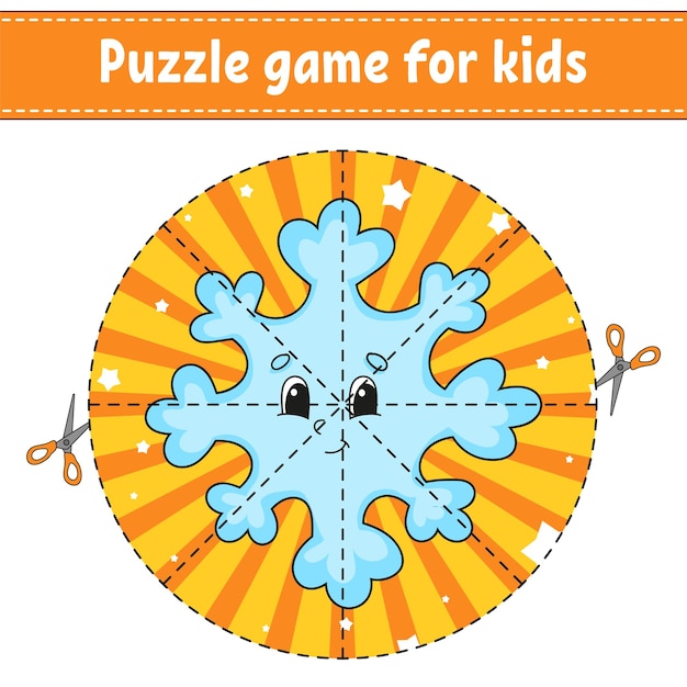 Taglia e gioca. fiocco di neve puzzle rotondo. puzzle di logica per bambini. pagina delle attività. pratica di taglio per la scuola materna. personaggio dei cartoni animati. tema natalizio.