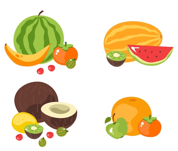 Cut slice whole and half fruits isolated set flat cartoon graphic design illustration