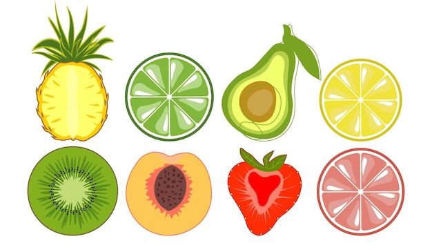 Набор фруктов в разрезе: ананас, киви, апельсин, лимон, авокадо, персик и клубника.