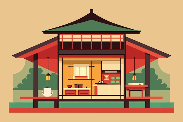 Вектор cutaway vector diagram of a traditional japanese tea house with a minimalist aesthetic