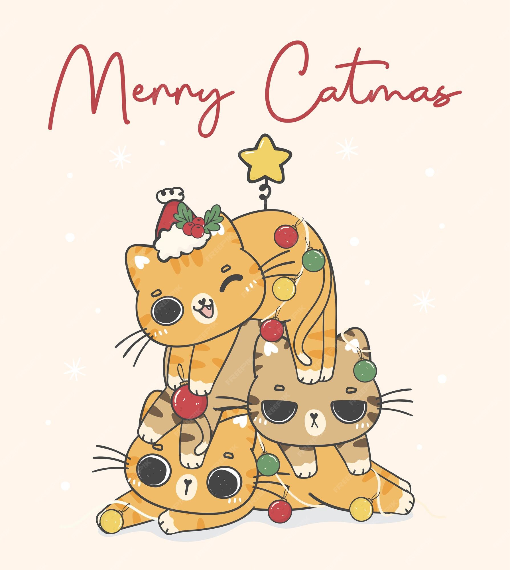 Premium Vector | Cute of 3 crazy kitten cat ginger orange kittens christmas  cat tree merry catmas cartoon animal character hand drawing doodle vector