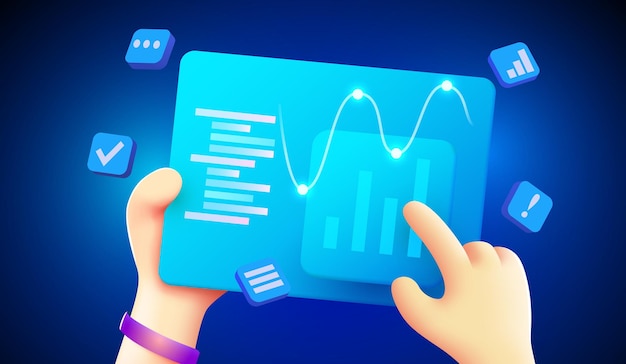 Cute 3d hands are holding a tablet with financial analytics Finance concept