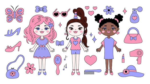 Vector cute 90s girls beauty fashion accessories set