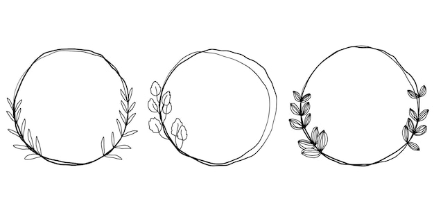 Cute abstract doodle isolated frames set hand drawn Round lines with leaves For wedding