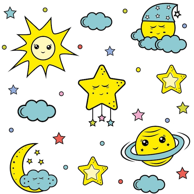 Vector cute abstract patterns of planets and stars ideal for fabrics textiles wallpaper vector illustration