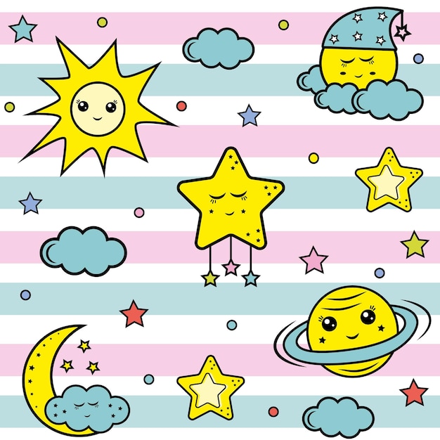 Vector cute abstract patterns of planets and stars ideal for fabrics textiles wallpaper vector illustration