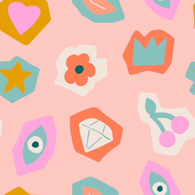 Vector cute abstract seamless pattern with flower heart crown cherry star eyes lips