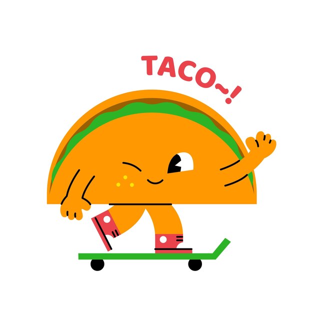 Vector cute abstract shapes characters half circle taco is riding a skateboard and saying hello