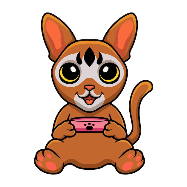 Cute abyssinian cat cartoon holding food bowl