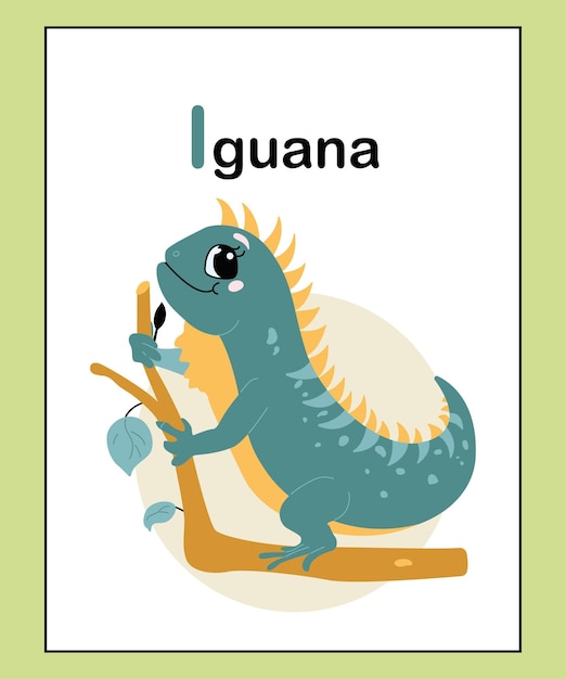 Cute adorable animals alphabet letter I for children education A to Z Iguana. Funny learning card