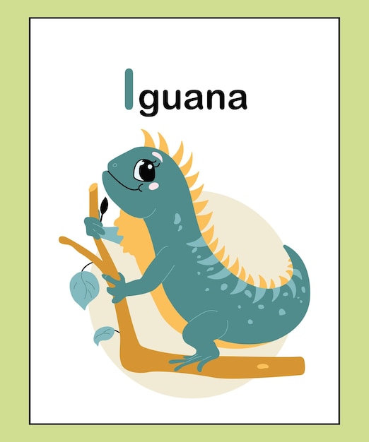 ベクトル 子供の教育 a から z のイグアナのかわいい愛らしい動物のアルファベット文字 i。面白い学習カード