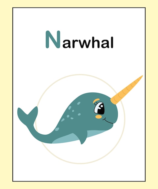 Simpatici animali adorabili alfabeto lettera n per l'educazione dei bambini dalla a alla z narwhal. scheda di apprendimento divertente