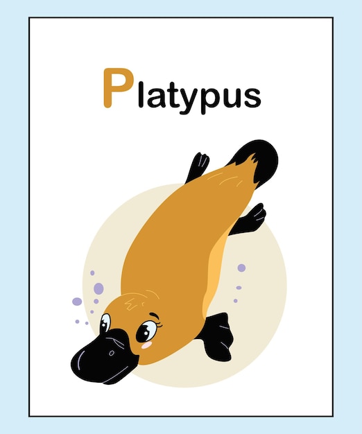 Cute adorable animals alphabet letter P for children education A to Z Platypus. Funny learning card