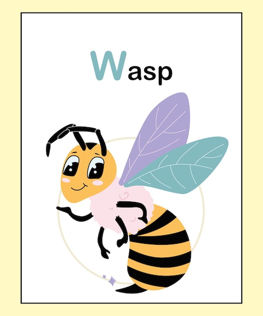 Cute adorable animals alphabet letter W for children education A to Z Wasp. Funny learning card