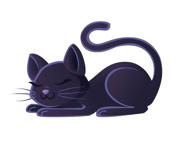 Vector cute adorable black cat sleeping on ground cartoon animal design flat vector illustration on white background.