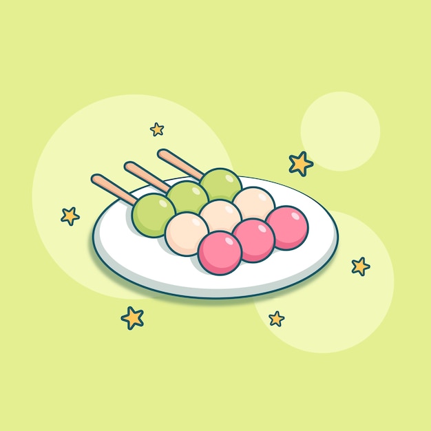 Simpatico cartone animato adorabile dango mochi onigiri dessert illustrazione per icona mascotte e logo adesivo