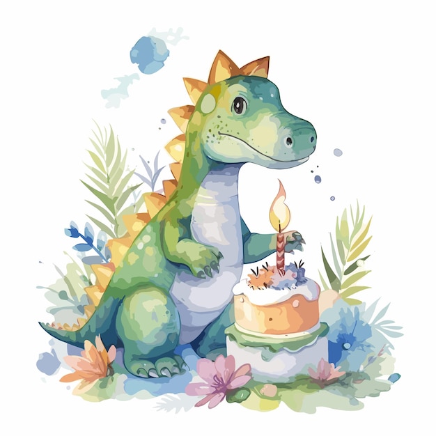 Simpatico dinosauro adorabile dei cartoni animati in clipart di compleanno dino in stile acquerello