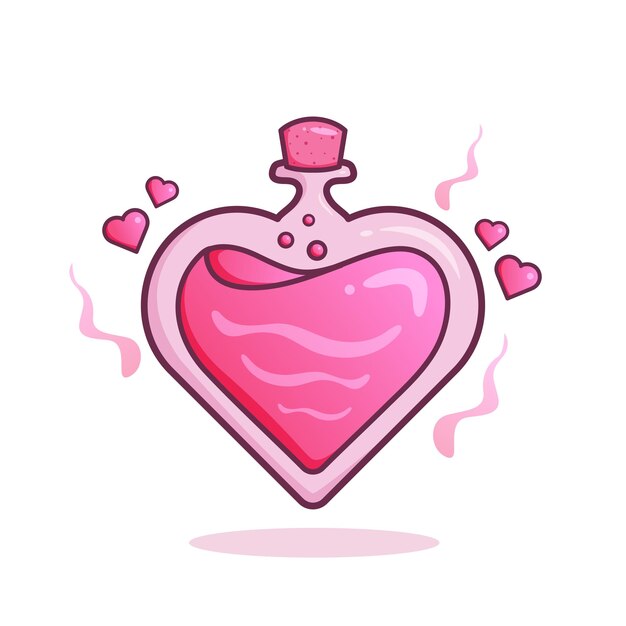 Illustrazione della pozione d'amore rosa romantica del fumetto adorabile sveglio per la mascotte e il logo dell'icona dell'autoadesivo