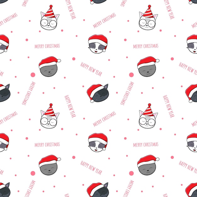 Cute adorable cat merry christmas and happy new year cartoon doodle seamless pattern background